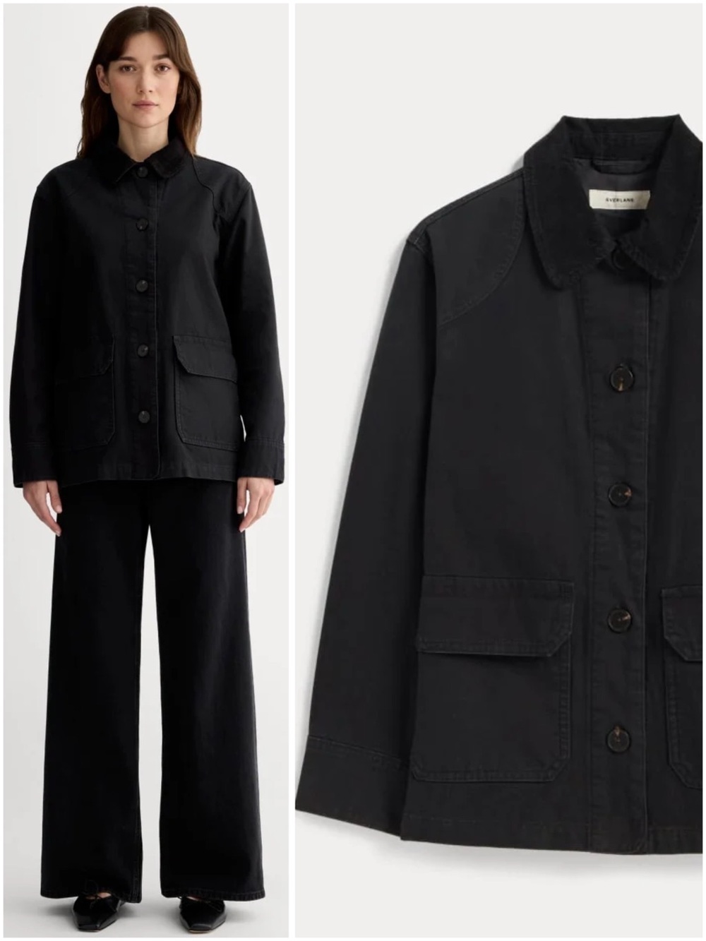 Everlane The Barn Jacket Black XS Organic Cotton Corduroy Collar Chore Coat NWT
